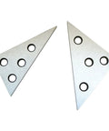 Front view: two silver metal precision angle blocks with multiple holes for machinist use