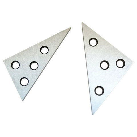 Front view: two silver metal precision angle blocks with multiple holes for machinist use