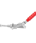 Knockout Slick Stainless Steel Push Pull Toggle Clamp With Quick Release Handle For Garage Shop Woodworking Jigs And Workshop Fixtures Compact Heavy Duty Tool, red handle, stainless steel finish.