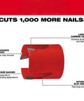 9 Piece Hole Saw Kit With Carbide Teeth Compatible With Milwaukee 49569295 For Cutting Wood Nails Shingles Concrete Includes Arbor And Pilot Bits Inside Compact Organizer Case, red carbide hole saw close-up