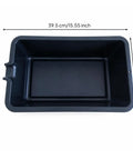 Heavy Duty 6 Liter Square Oil Drain Pan With Long Spout For Garage Home Mechanics And Workshop Deep Basin To Catch Engine Lube Mess Free, top view, measuring 39.5 cm by 22.7 cm.