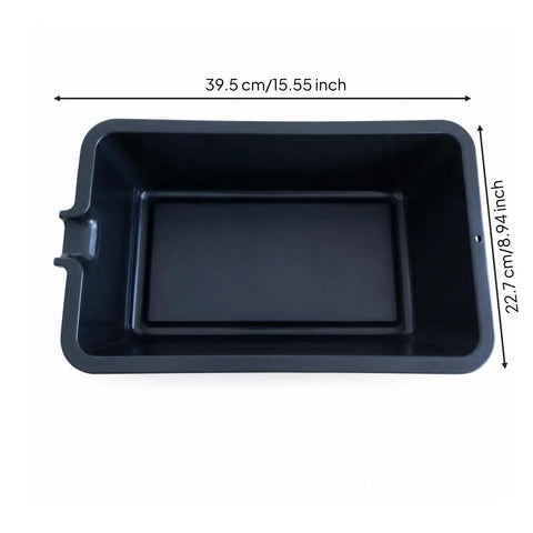 Heavy Duty 6 Liter Square Oil Drain Pan With Long Spout For Garage Home Mechanics And Workshop Deep Basin To Catch Engine Lube Mess Free, top view, measuring 39.5 cm by 22.7 cm.