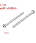Premium M6x80mm Machine Screws Made From Dang Tough 304 Stainless Steel With Smooth Pan Heads and Phillips Cross Slots.