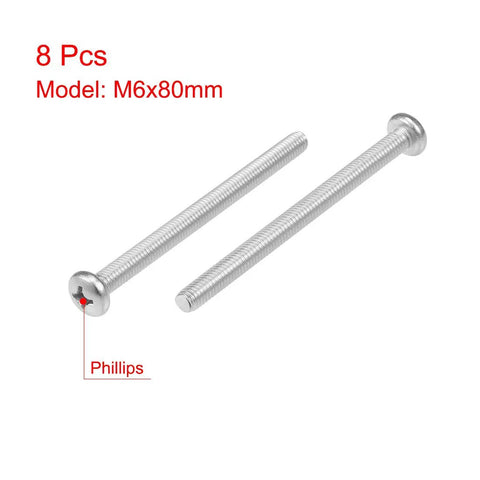 Premium M6x80mm Machine Screws Made From Dang Tough 304 Stainless Steel With Smooth Pan Heads and Phillips Cross Slots.