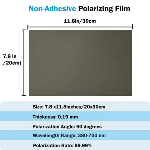 3 Pack Polarizing Film Sheets 7.8 By 11.8 Inches 20 By 30 Cm Non-Adhesive Polarizer with size and specifications chart