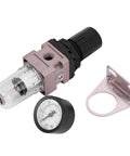 Pro Grade Air Filter Regulator AW2000-02 Aluminum Alloy With Rotary Manual Actuator for Pneumatic Systems shown with gauge and bracket