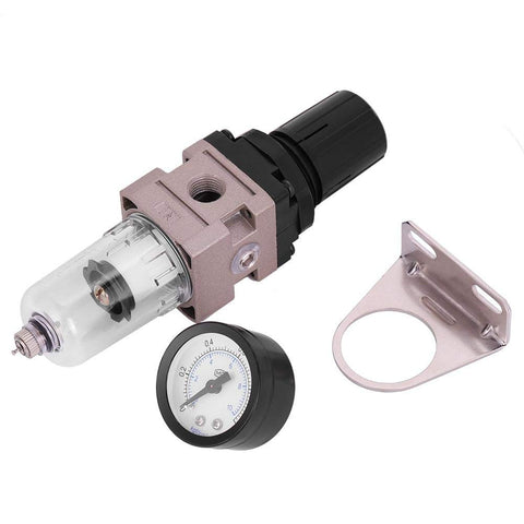 Pro Grade Air Filter Regulator AW2000-02 Aluminum Alloy With Rotary Manual Actuator for Pneumatic Systems shown with gauge and bracket