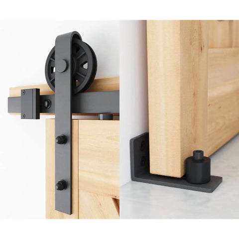 Built Like A Tank 7 Foot Sliding Barn Door Hardware Kit featuring heavy duty steel track and smooth wheel for easy operation.