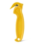Straight Up Film Safety Cutter With Recessed Stainless Steel Blade And Built In Tape Splitter For Snappy Box Cutting Shrink Wrap And Paper Goods Heavy Duty Compact Pocket Ready Yellow Design No Sweat Reliability side view of yellow plastic cutter