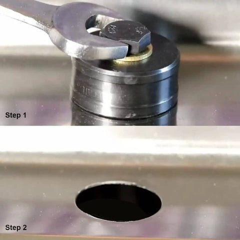30mm Sheet Metal Punch Tool With Hexagon Hole Cutter in use, creating burr-free holes in metal sheets, shown with wrench-driven mechanism.