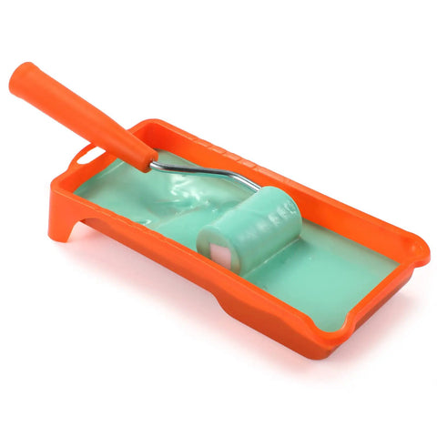 Two Inch Density Foam Paint Roller With Frame For Corner And Trim Jobs, in orange tray filled with mint-colored paint