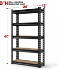 Five Tier Heavy Duty Metal Garage Shelving Unit With 1500 Pound Capacity Adjustable Storage Rack, 28x12x60 inches.
