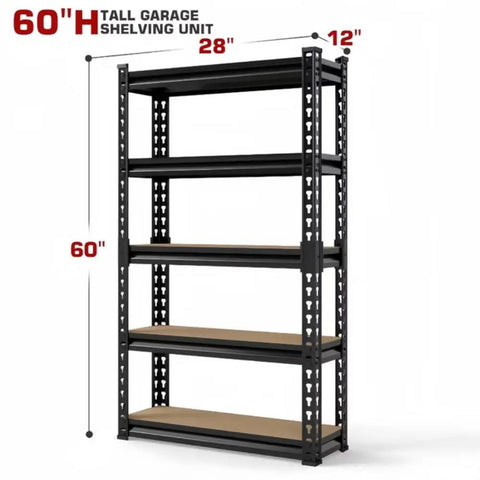 Five Tier Heavy Duty Metal Garage Shelving Unit With 1500 Pound Capacity Adjustable Storage Rack, 28x12x60 inches.