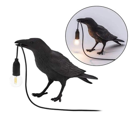 Cool Crow Table Lamp With Resin Bird Design, cozy desk or wall sconce light, includes LED bulb, E12 base, 110V, black finish.