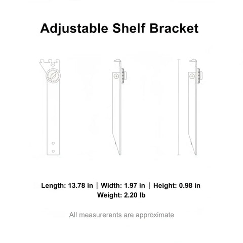 Illustration of Adjustable Shelf Bracket dimensions: 13.78x1.97x0.98 inches, 2.20 lb, showcasing beefy stainless steel support design.