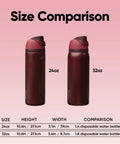 Size comparison of Heavy Duty Double Walled Stainless Steel Water Bottle 24 Oz and 32 Oz on a pink background.
