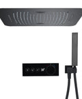 Upgrade Your Daily Routine With This Sweet Thermostatic Rain Shower Set Featuring Built In Speaker And Cool Led Display Anti Scale Silicone Nozzles Plus Super Easy Wipe Clean Bath Setup - Black rainfall shower head with handheld wand and control panel.