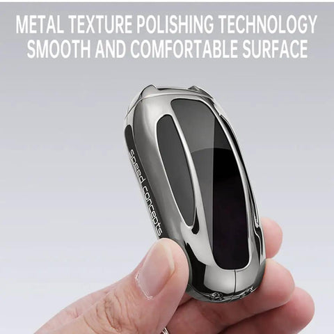 Sleek Rugged Carbon Fiber Key Fob Protector Case Optimized Perfect Fit Tesla Model X showing metal texture and polished surface.