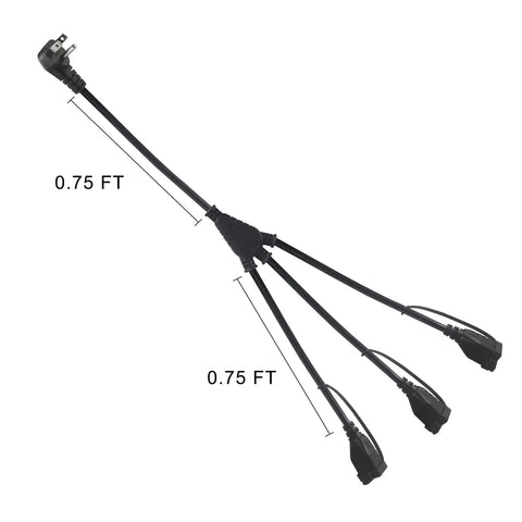 Outdoor 3 Outlet Power Splitter With 90 Degree Flat Plug 1 To 3 Way Outlet Adapter 1.5 Ft SJTW 16AWG 3 Prong Extension
