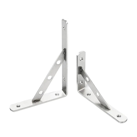 Heavy Duty Stainless Steel Corner Shelf Brackets Wall Mounted L Shape Triangle Supports, two pack, for kitchen storage and home decor.
