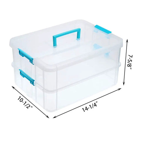 Front view of Two Tier Stack Carry Storage Box With Handle, Transparent Clear Bin With Latching Lid, Detachable Buckles, Lockable Organization Case For School And Office Supplies, Space Saving, Durable Blue.