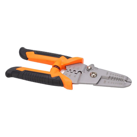 Wire Stripper And Cutter Tool With Curved Blade And Crimping Design For Electronics Repair And Cable Maintenance Power Cord Cutting And DIY Projects Pro Grade Stainless Steel HRC55 Precision Stripping Holes And Ergonomic Grip showing orange and silver finish.