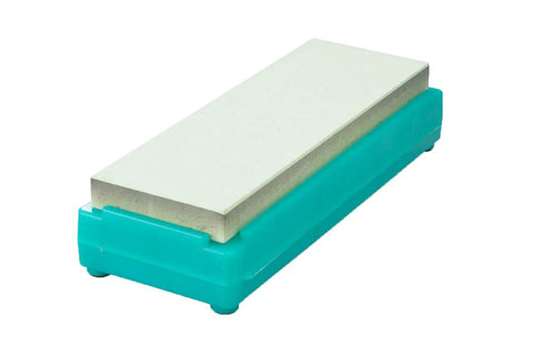 Green 2000 Grit Whetstone for Knife Sharpening, medium finishing stone from K0703 Blade Series on teal base