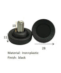 32 Piece Adjustable Leveling Feet For Furniture Legs showing iron and plastic finish, black color, with dimensions.