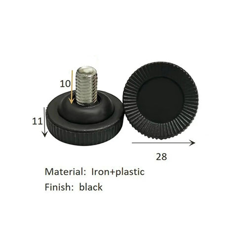 32 Piece Adjustable Leveling Feet For Furniture Legs showing iron and plastic finish, black color, with dimensions.