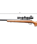 Beast Mode Bolt Action Airsoft Sniper Rifle With Adjustable Magnified Aluminum Scope Long Range Precision For 6mm BBs Wood Stock And Metal Rail Spring Powered, side view, 44 inches long.