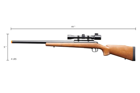 Beast Mode Bolt Action Airsoft Sniper Rifle With Adjustable Magnified Aluminum Scope Long Range Precision For 6mm BBs Wood Stock And Metal Rail Spring Powered, side view, 44 inches long.