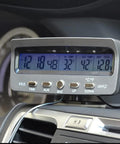 Front view of Riloer 4-in-1 LED car display with blue backlit screen showing time, temperature, and voltage, mounted on dash