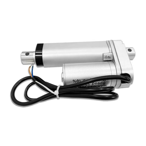 Aflle Racing 2-inch stroke 12V electric linear actuator, silver aluminum with wiring.