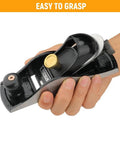 Heavy Duty Seven Inch Block Plane For Woodworking held in hand, ergonomic design, adjustable hardened alloy steel blade.