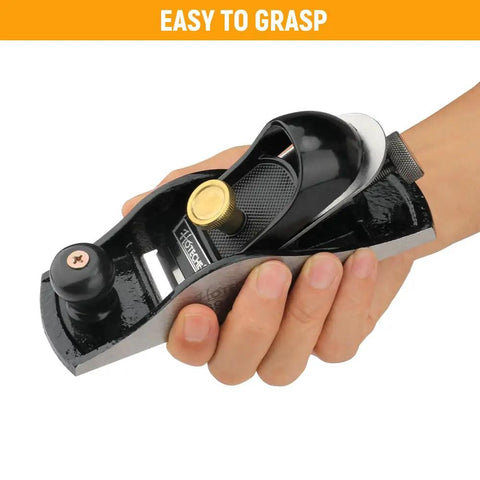 Heavy Duty Seven Inch Block Plane For Woodworking held in hand, ergonomic design, adjustable hardened alloy steel blade.