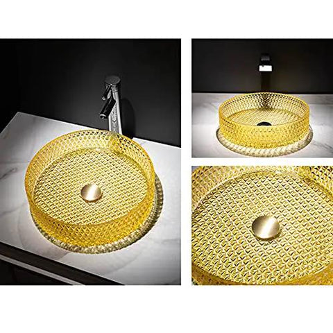 s Sink - Tempered Bathroom Vessel Basin for Bar, Cloakroom, Countertop with Accessories - Design for Home Decor in yellow color.