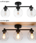 Three Light Globe Ceiling Light Fixture Industrial Flush Mount Vintage Glass Shade Ceiling Lamp For Dining Room Living Room Kitchen Island Hallway Bathroom, two views with lights off and on