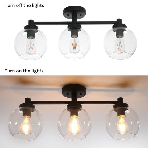 Three Light Globe Ceiling Light Fixture Industrial Flush Mount Vintage Glass Shade Ceiling Lamp For Dining Room Living Room Kitchen Island Hallway Bathroom, two views with lights off and on