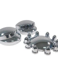 Steel Chrome Axle Wheel Cover Set For Semi Trucks With Front And Rear Hub Caps And Lug Nut Covers Kit Includes 2 Front Hub Caps, 4 Rear Hub Caps, And 60 Chrome ABS Nut Covers 63mm By 33mm For Standard Lug Nuts displayed on a white background