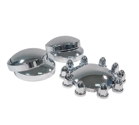 Steel Chrome Axle Wheel Cover Set For Semi Trucks With Front And Rear Hub Caps And Lug Nut Covers Kit Includes 2 Front Hub Caps, 4 Rear Hub Caps, And 60 Chrome ABS Nut Covers 63mm By 33mm For Standard Lug Nuts displayed on a white background