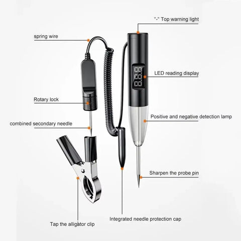 Dead On Accurate Car Led Circuit Tester With Bright Digital Screen 2 To 30 Volt Voltage Sniffing Tool showing parts and features.