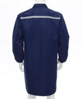 Mens Workshop Coat Long Sleeve Wear Resistant Lab Jacket Uniform Navy Blue Large Durable Workwear For Mechanics And Builders With Front Button Closure Pen Pocket Chest And Two Large Patch Pockets, back view