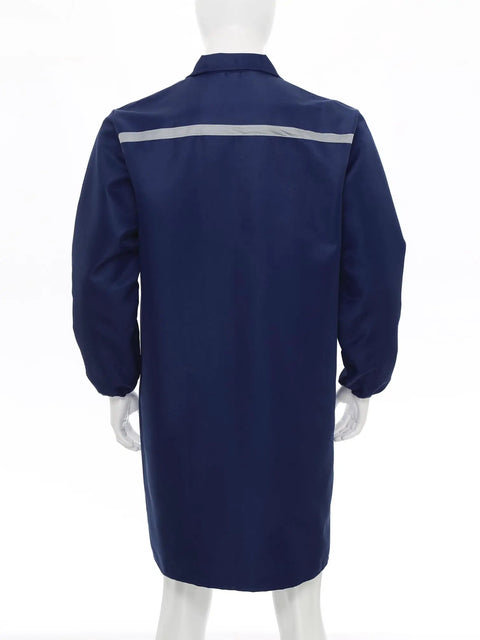 Mens Workshop Coat Long Sleeve Wear Resistant Lab Jacket Uniform Navy Blue Large Durable Workwear For Mechanics And Builders With Front Button Closure Pen Pocket Chest And Two Large Patch Pockets, back view