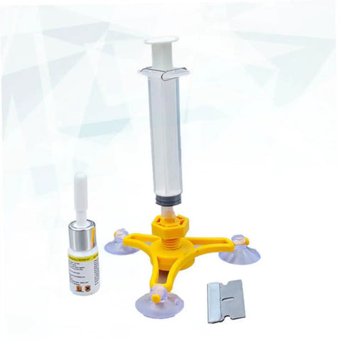 Windshield Crack Repair Kit For Cars Quick Fix DIY Auto Glass Tool With Imported Repair Fluid, showing syringe, suction cup device, and blade.