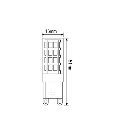 Diagram of G9 LED Bulb 5W Equivalent 50W Halogen, Non Dimmable Warm White 3000K, 360 Degree Omni Beam, dimensions 16mm x 51mm