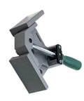 Heavy Duty Right Angle Clip Clamp Featuring Knockout Grip stays put for woodworking jigs and welding fixtures, grey with green handle.