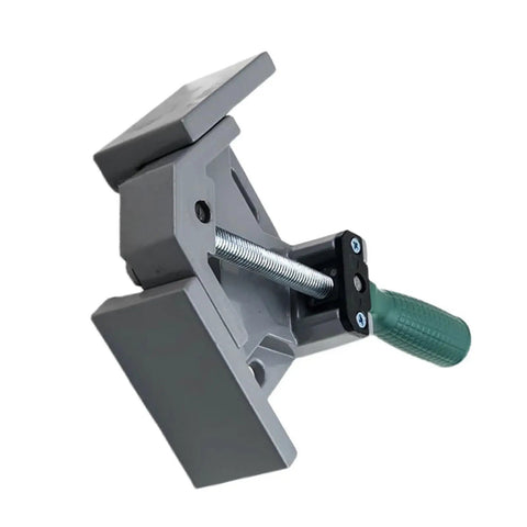 Heavy Duty Right Angle Clip Clamp Featuring Knockout Grip stays put for woodworking jigs and welding fixtures, grey with green handle.