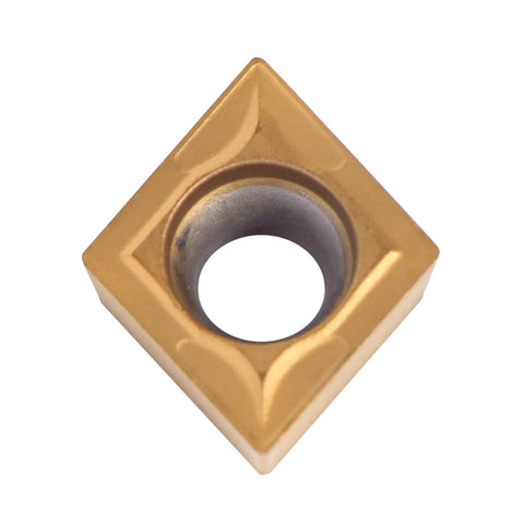 Close-up of CCMT Turning Insert Set 32.5 Degree Carbide Inserts 9T304 for CNC Lathe, showing 80° diamond shape and carbide material.
