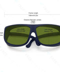 Hardcore Pro Grade Laser Safety Glasses Offering Genuinely Legit OD Eight Plus Protection Over UV And IR Spectrums full wrap design, dimensions displayed.
