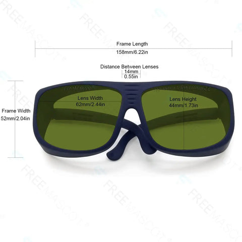 Hardcore Pro Grade Laser Safety Glasses Offering Genuinely Legit OD Eight Plus Protection Over UV And IR Spectrums full wrap design, dimensions displayed.